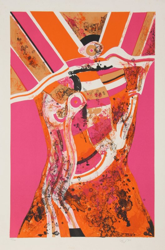 Arnaldo Coen, Abstract Figure in Pink and Orange,: Artist: Arnaldo Coen, Mexican (1940 - ) Title: untitled 1 Year: 1970 Medium: Lithograph, signed and numbered in pencil Edition: 120 Size: 34 in. x 23.5 in. (86.36 cm x 59.69 cm)