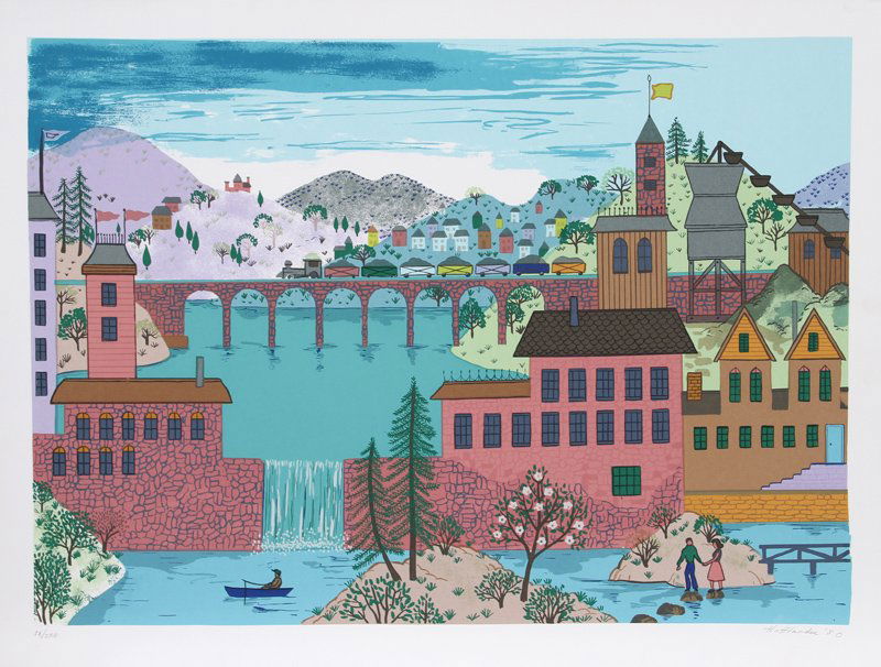 Jack Hofflander, Mountain Bridge, Serigraph: Artist: Jack Hofflander, American (1920 - 2003) Title: Mountain Bridge Year: 1980 Medium: Serigraph, signed and numbered in pencil Edition: 250, AP 30 Image Size: 22 x 31 inches Size: 26 in. x 33 in.