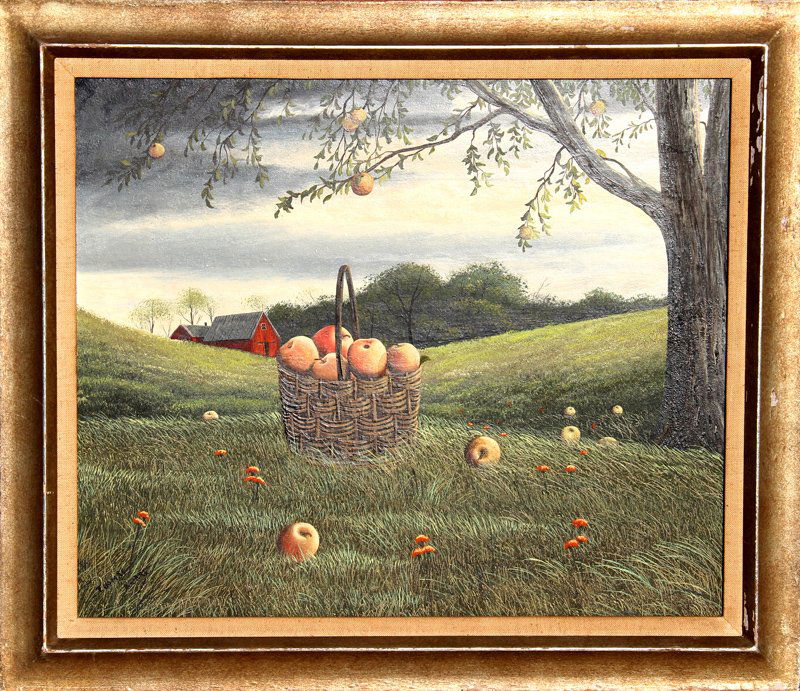 Thomas Kerry, Basket of Apples, Oil Painting: Artist: Thomas Kerry, British/American Title: Basket of Apples Year: circa 1970 Medium: Oil on Masonite, signed l.l. Size: 20 x 24 in. (50.8 x 60.96 cm) Frame Size: 25 x 29 inches