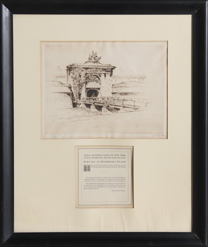 Anton Schutz, Fort Jay, Etching: Artist: Anton Schutz, German/American (1894 - 1977) Title: Fort Jay Medium: Etching, signed in pencil Image Size: 9.5 x 12.5 inches Frame Size: 24.5 x 20.5 inches