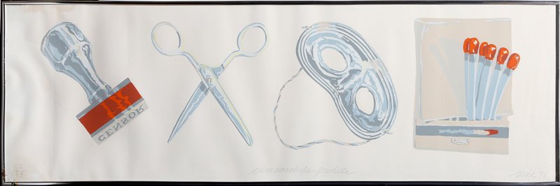 Don Nice, Censorship, Lithograph: Artist: Don Nice, American (1932 - ) Title: Censorship Year: 1978 Medium: Lithograph, signed and numbered in pencil Edition: 42/144 Image Size: 12 X 37.5 inches Size: in. (cm) Frame Size: 12.5 x 38 in