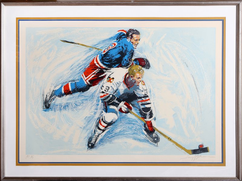 Harry Schaare, Hockey, Lithograph: Artist: Harry Schaare, American (1922 - 2008) Title: Hockey Year: 1980 Medium: Lithograph, Signed and Numbered in pencil Edition: AP 37/50 Image Size: 24 x 35.5 inches Size: 29 in. x 38 in. (73.66 cm