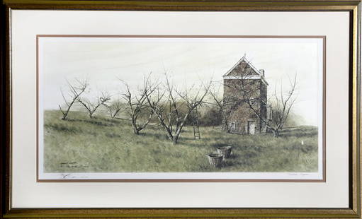 Nicholas Berger, Apple Ladder, Lithograph: Artist: Nicholas Berger, American (1949 - ) Title: Apple Ladder Year: 1977 Medium: Lithograph, signed and numbered in pencil Edition: 146/1000 Size: 15 x 30.5 in. (38.1 x 77.47 cm) Frame Size: 24 x 39