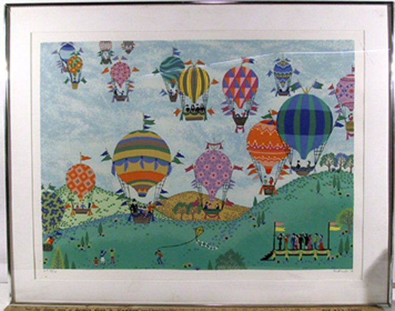 Jack Hofflander, Balloon Race, Serigraph: Artist: Jack Hofflander, American (1920 - 2003) Title: Balloon Race Year: 1979 Medium: Serigraph, signed and numbered in pencil Edition: 250 Size: 26 in. x 34 in. (66.04 cm x 86.36 cm) Frame Size: 31
