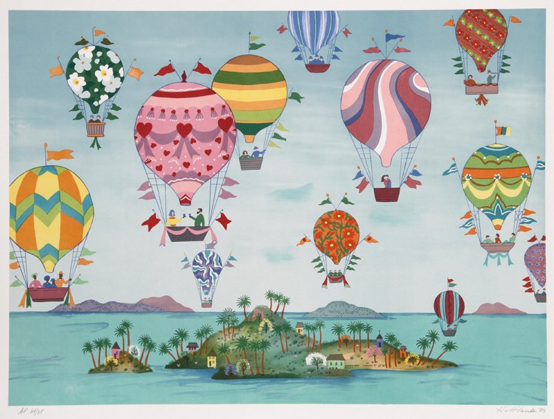 Jack Hofflander, Tropical Balloons, Lithograph: Artist: Jack Hofflander, American (1920 - 2003) Title: Tropical Balloons Year: 1980 Medium: Lithograph, signed and numbered in pencil Edition: AP 35 Image Size: 19 x 26.5 inches Size: 22 in. x 28 in.