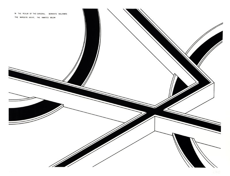 Robert Morris, Seperate Walkways, Aquatint Etching: Artist: Robert Morris, American (1931 - ) Title: Seperate Walkways: The Warders Above, the Inmates Below from In the Realm of the Carceral Year: 1979 Medium: Aquatint Etching, Signed and numbered in p