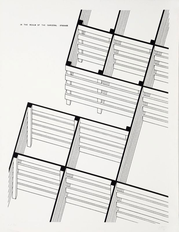 Robert Morris, Stockade from In the Realm of the: Artist: Robert Morris, American (1931 - ) Title: Stockade from In the Realm of the Carceral Year: 1979 Medium: Etching with Aquatint, signed and numbered in pencil Edition: 150, AP 13/20 Size: 48 in.