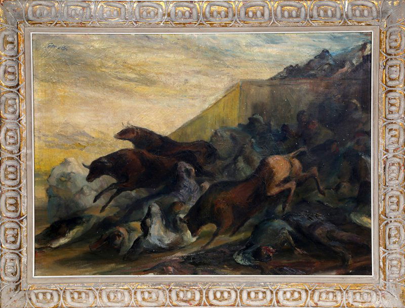 John Groth, Running of the Bulls, Oil Painting: Artist: John Groth (1908 - 1988) Title: Running of the Bulls Year: circa 1940 Medium: Oil on Canvas, signed u.l. Size: 30 x 40 in. (76.2 x 101.6 cm) Frame Size: 37.5 x 47.5 inches
