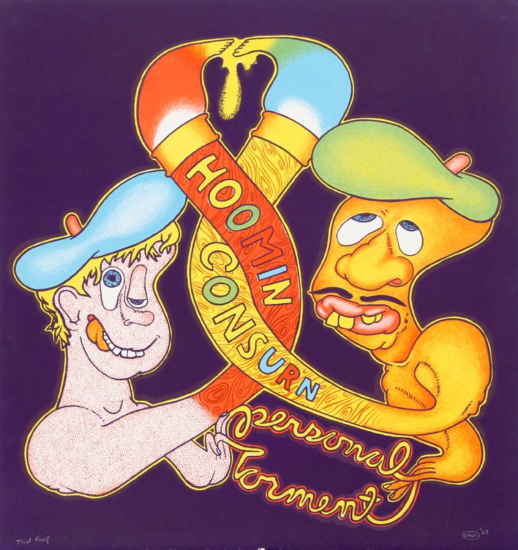 Peter Saul, Hoomin Consurn, Lithograph: Artist: Peter Saul, American (1934 - ) Title: Hoomin Consurn Year: 1969 Medium: Lithograph, signed and numbered in pencil Edition: Trial Print Image Size: 18.5 x 19.5 inches Size: 22 x 21 in. (55.88 x