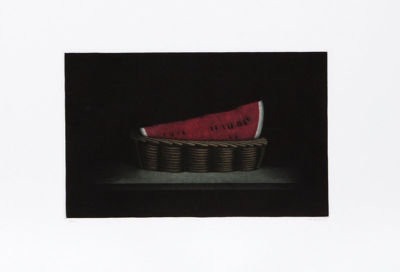 Tomoe Yokoi, Watermelon in Basket, Mezzotint: Artist: Tomoe Yokoi, Japanese (1942 - ) Title: Watermelon in Basket Medium: Mezzotint, signed and numbered in pencil Edition: 78/100 Image Size: 7 x 11 inches Size: 13 x 20 in. (33.02 x 50.8 cm)