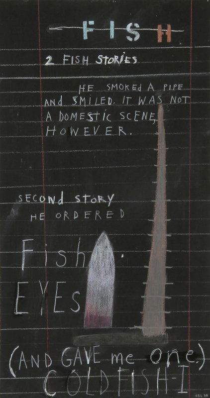 Stephanie Brody-Lederman, 2 Fish Stories, Mixed Media: Artist: Stephanie Brody-Lederman, American (1939 - ) Title: 2 Fish Stories Year: 1978 Medium: Acrylic with rubber stamp, contŽ pencil, pastel and watercolor/Paper, signed Size: 21 in. x 11 in. (53.34