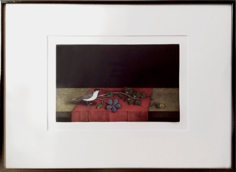 Tomoe Yokoi, Bird and Acorn, Mezzotint: Artist: Tomoe Yokoi, Japanese (1942 - ) Title: Bird and Acorn Year: 1984 Medium: Mezzotint, signed and numbered in pencil Edition: 35/100 Image Size: 6.9 x 10.8 inches Frame Size: 15 x 20 inches