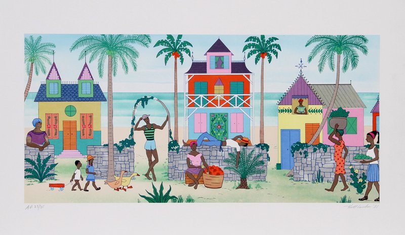 Jack Hofflander, Haitian Village, Serigraph: Artist: Jack Hofflander, American (1920 - 2003) Title: Haitian Village Year: 1981 Medium: Serigraph, signed and numbered in pencil Edition: 250, 30 AP Size: 21.5 in. x 27.5 in. (54.61 cm x 69.85 cm)