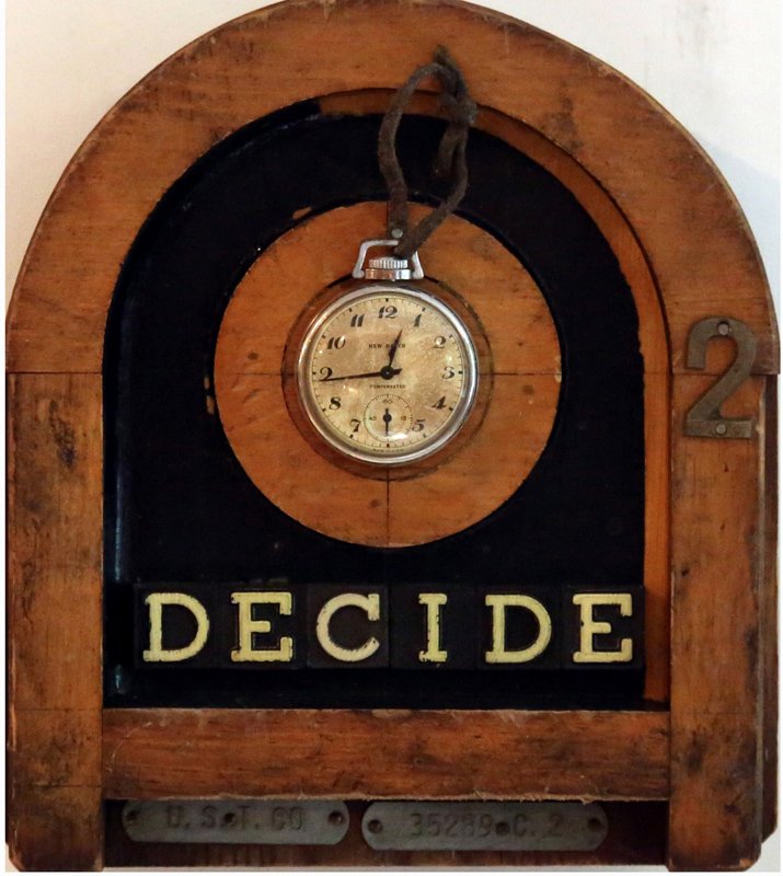 Debranne Cingari, Time to Decide, Mixed Media: Artist: Debranne Cingari, American (1963 - ) Title: Time to Decide Year: 2014 Medium: Mixed Media Assemblage with Pocket Watch, signed Size: 9 x 8 x 3 in. (22.86 x 20.32 x 7.62 cm)
