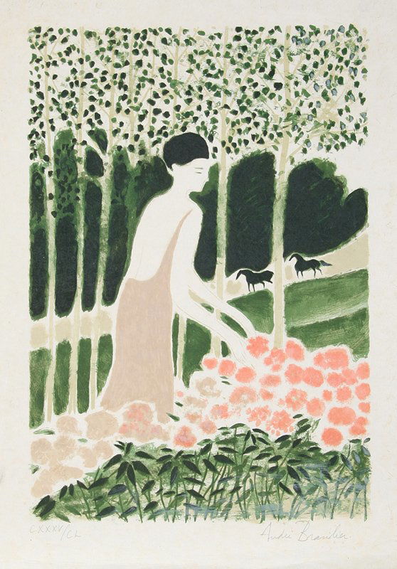 Andre Brasilier, Femme avec Fleurs, Lithograph: Artist: Andre Brasilier, French (1929 - ) Title: Femme avec Fleurs Year: circa 1970 Medium: Lithograph on Japon, Signed and numbered in pencil Edition: XXXV/CL Size: 30 in. x 21 in. (76.2 cm x 53.34 c