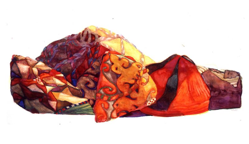 Valerie Hird, Nomadic Hats, Watercolor Painting: Artist: Valerie Hird, American (1955 - ) Title: Nomadic Hats Year: 1988 Medium: Watercolor on Paper, signed Size: 7 x 16 in. (17.78 x 40.64 cm)