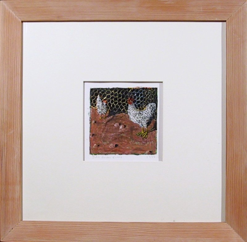 John Borden Evans, Roosters, Oil Painting: Artist: John Borden Evans Title: Roosters Year: 1998 Medium: Oil on Paper, signed and dated Size: 5 x 5 in. (12.7 x 12.7 cm) Frame Size: 18 x 18 inches