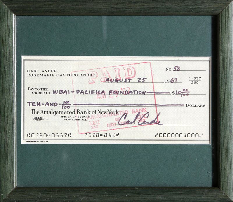 Carl Andre, Donation Check Signed: Artist: Carl Andre, American (1935 - ) Title: Donation Check Year: 1967 Medium: Check, signed in pen Image Size: 2.75 x 5.75 inches Size: 5.25 x 6 in. (13.34 x 15.24 cm) Frame Size: 6.25 x 7 inches