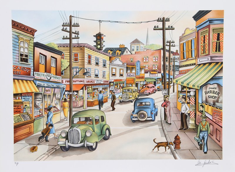 Ari Gradus, Main Street USA, Lithograph: Artist: Ari Gradus, Israeli (1943 - ) Title: Main Street USA Year: 1980 Medium: Lithograph, Signed and Numbered in Pencil Edition: AP Image Size: 18.5 x 26 inches Size: 22 in. x 30 in. (55.88 cm x 76.