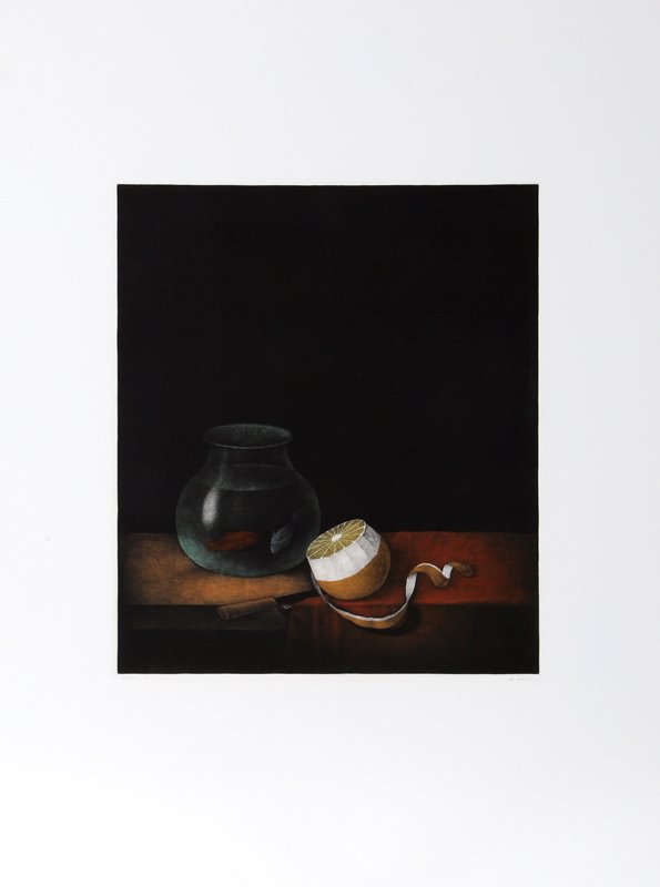 Tomoe Yokoi, Goldfish and Lemon, Mezzotint: Artist: Tomoe Yokoi, Japanese (1942 - ) Title: Goldfish and Lemon Medium: Mezzotint, signed and numbered in pencil Edition: 51/100 Image Size: 13.5 x 12 inches Size: 26 x 20 in. (66.04 x 50.8 cm)
