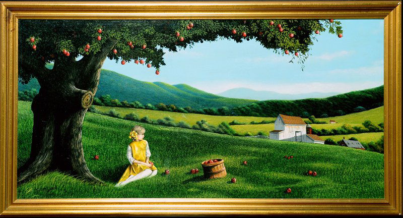Thomas Kerry, Girl and Apple Tree, Oil Painting: Artist: Thomas Kerry, British/American Title: Girl and Apple Tree Year: 1969 Medium: Oil on Canvas, signed l.l. Size: 25 x 49 in. (63.5 x 124.46 cm)