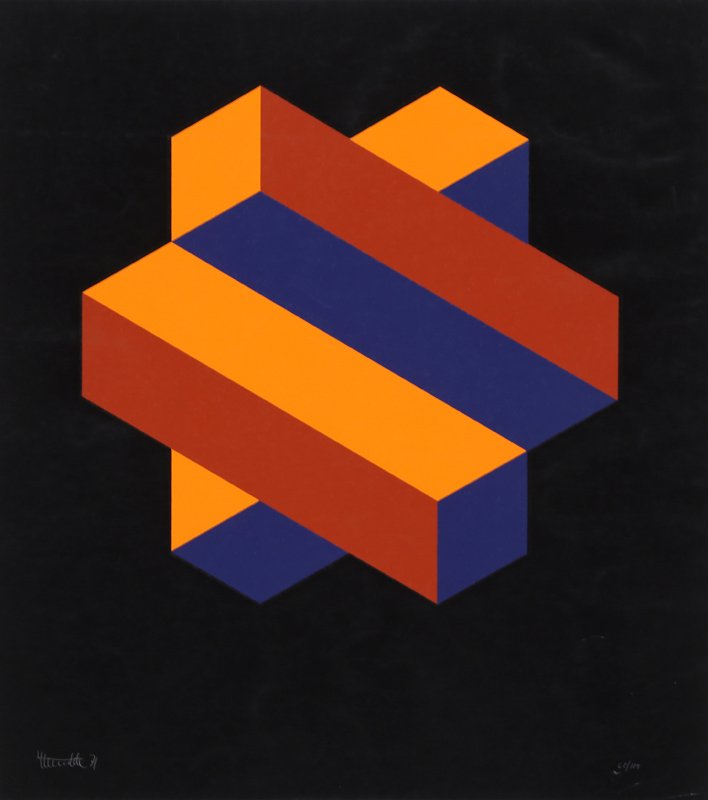 Jose Maria Yturralde, Orange and Blue Honeycomb,: Artist: Jose Maria Yturralde, Spanish (1942 - ) Title: Orange and Blue Honeycomb Year: 1971 Medium: Serigraph, signed and numbered in pencil Edition: 62/125 Size: 21 x 19 in. (53.34 x 48.26 cm)