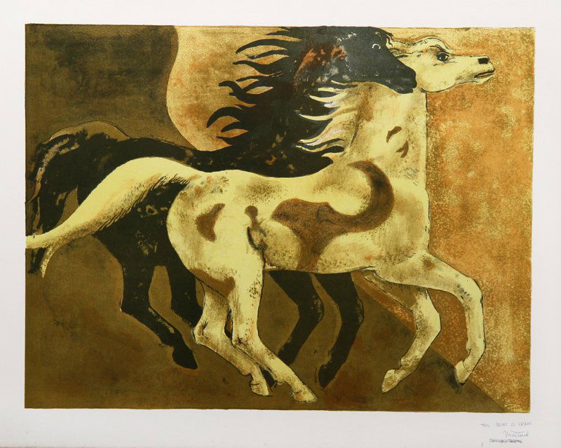 Millard Owen Sheets, Two Horses, Lithograph: Artist: Millard Owen Sheets, American (1907 - 1989) Title: Two Horses Year: circa 1977 Medium: Lithograph, signed in pencil Image Size: 17.5 x 23 inches Size: 22 x 30 in. (55.88 x 76.2 cm)