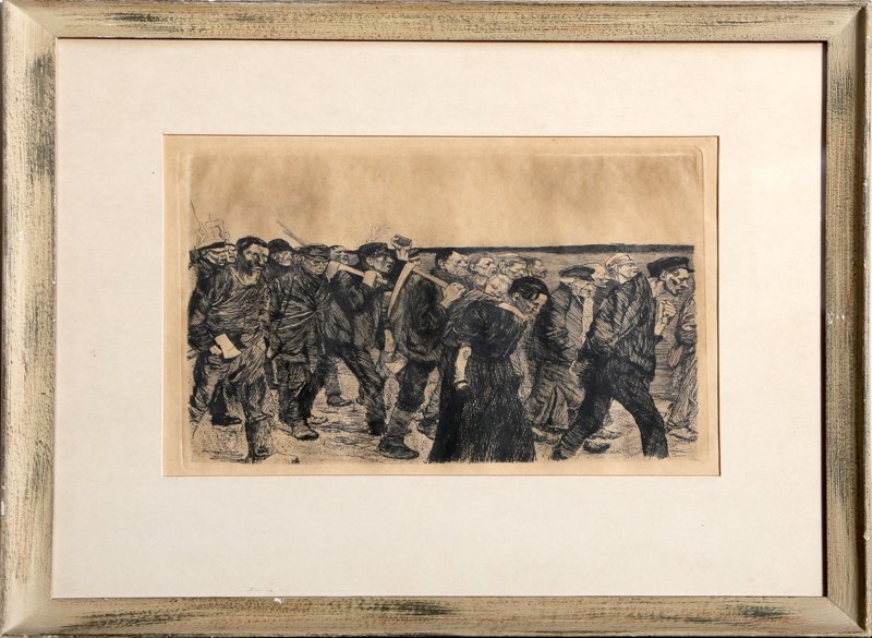 Kathe Kollwitz, Weberzug, Plate 4, Ein Weberstand: Artist: Kathe Kollwitz, German (1867 - 1945) Title: Weberzug, plate 4 from the "Ein Weberstand" (Weaver Revolt) Series Year: 1897 Medium: Etching Size: 8.5 in. x 11.5 in. (21.59 cm x 29.21 cm) Frame S