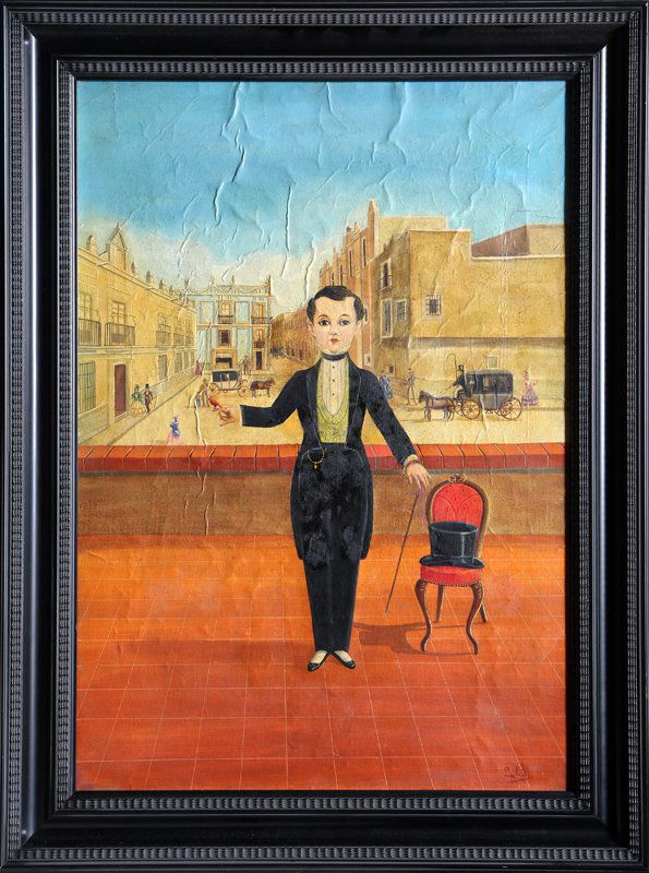 Agapito Labios, Boy with Cardinal in his hand, Oil: Artist: Agapito Labios, Mexican (1898 - 1996) Title: Boy with Cardinal in his hand Year: 1955 Medium: Oil on Canvas, signed l.r. Image Size: 25 Size: 18 in. (45.72 cm) Frame Size: 30 x 22 inches