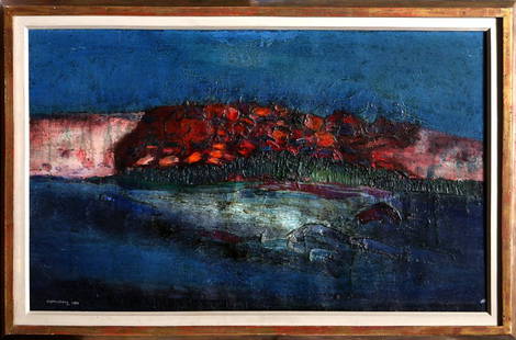 Ralph M. Rosenborg, Hills and River, Oil Painting: Artist: Ralph M. Rosenborg, American (1913 - 1992) Title: Hills and River Year: 1959 Medium: Oil on Canvas, signed and dated l.l. Size: 21 x 34 in. (53.34 x 86.36 cm) Frame Size: 25 x 38 inches