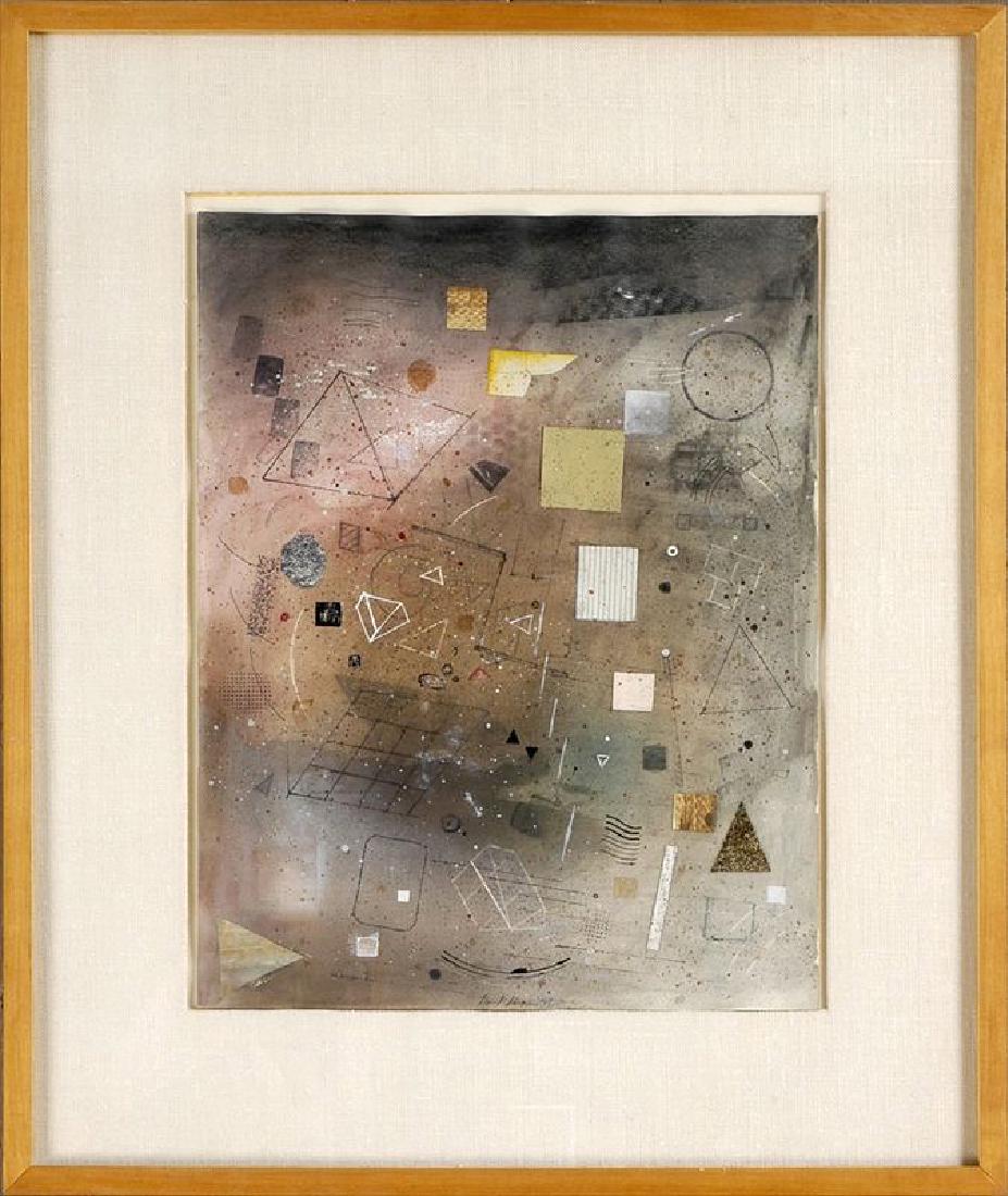 David Shapiro, Geometric Forms in Space, Mixed Media: Artist: David Shapiro, American (1943 - ) Title: Geometric Forms in Space Year: 1975 Medium: Mixed Media and Collage on Paper, signed l.c. Size: 14.5 in. x 11.5 in. (36.83 cm x 29.21 cm) Frame Size: 2