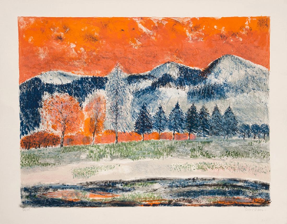 Guy Bardone, Neige au Ciel Orange, Lithograph: Artist: Guy Bardone, French (1927 - ) Title: Neige au Ciel Orange Year: circa 1985 Medium: Lithograph, signed and numbered in pencil Edition: 125 Size: 20 x 26 in. (50.8 x 66.04 cm)
