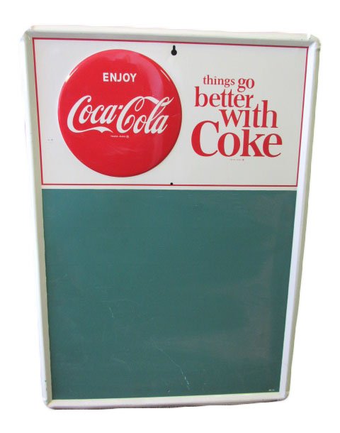 1954 Coca-Cola Menu Board: 20" x 28". "Things go better with Coke" menu board. Good condition with some minor scratches. Top left corner is bent. Stamped "54".