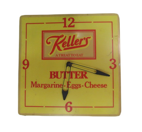 Keller's Butter Advertising Clock: 16" x 16". Some cracks in plastic. Approx. weight 4lbs.