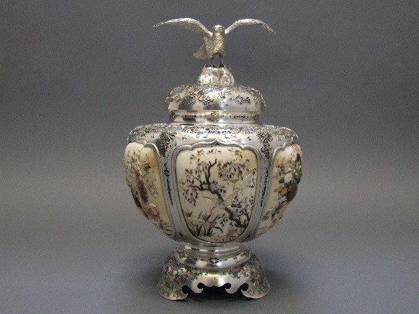 Japanese Silver & Shibayama Covered Vase 19th C.