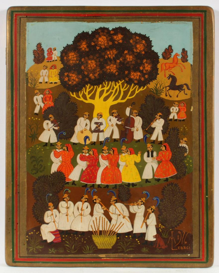 LEBACI, Mihail (1936), ''Tanz mit Flötenspiel'',: LEBACI, Mihail (1936), ''Tanz mit Flötenspiel'', Mischtechnik/Holz, 38 x 30, unten rechts signiert und ''1976'' datiert