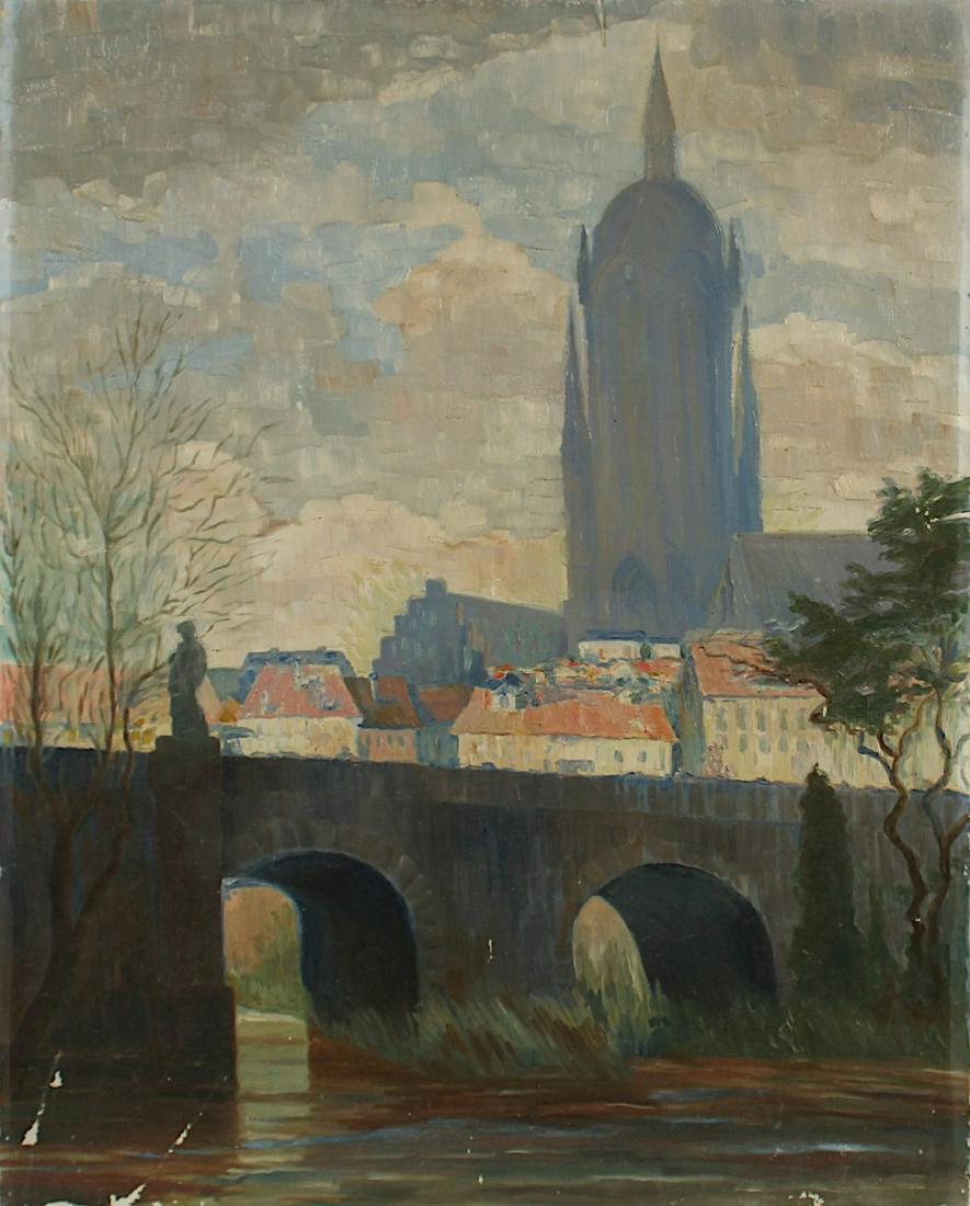 MALER UM 1930, ''Blick über die Alte Brücke auf Alt: MALER UM 1930, ''Blick über die Alte Brücke auf Alt Frankfurt'', Öl/Lwd., 76 x 60, besch.