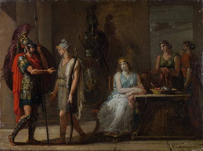 VINCENZO CAMUCCINI: (Roma, 1771 - 1844) Scena di storia romana Olio su tela, cm 19X26 Il dipinto esibisce una qualità sostenuta e una esecuzione rapida ma definita, aspetti che insieme alle dimensioni del supporto sug