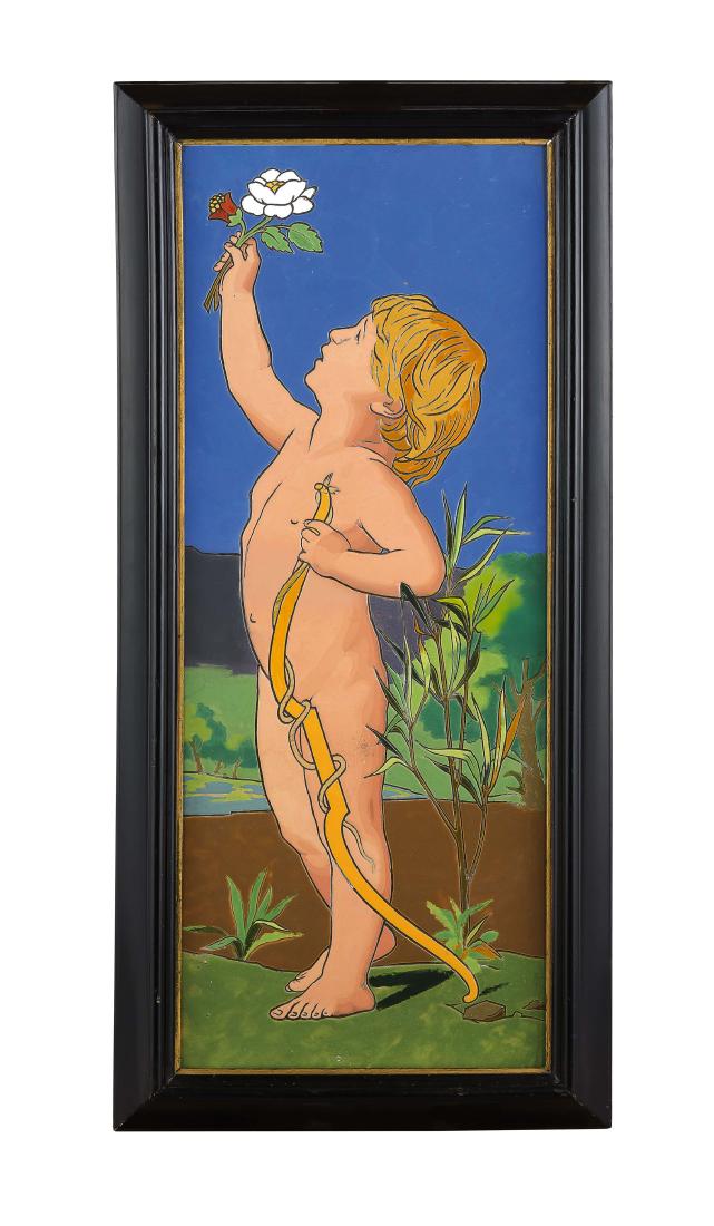 PLACCA IN CERAMICA POLICROMA, FORNACE DEL 1900 CIRCA: raffigurante Cupido, nei modi di Theodore Deck in cornice- restauro Alt. cm 111x51 (cornice compresa) A FRAMED CERAMIC PLAQUE, CIRCA 1900- RESTORED