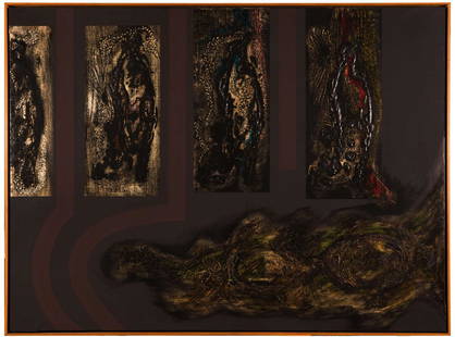 JORGE PIQUERAS: Lima 1925 Suspence, 1960 Olio, collage e tecnica mista su tela, cm 97 x 130 Firmato e datato sul retro Provenienza: Galleria Lorenzelli, Bergamo Esposizioni: XXX Biennale Internazionale d'Arte di Vene