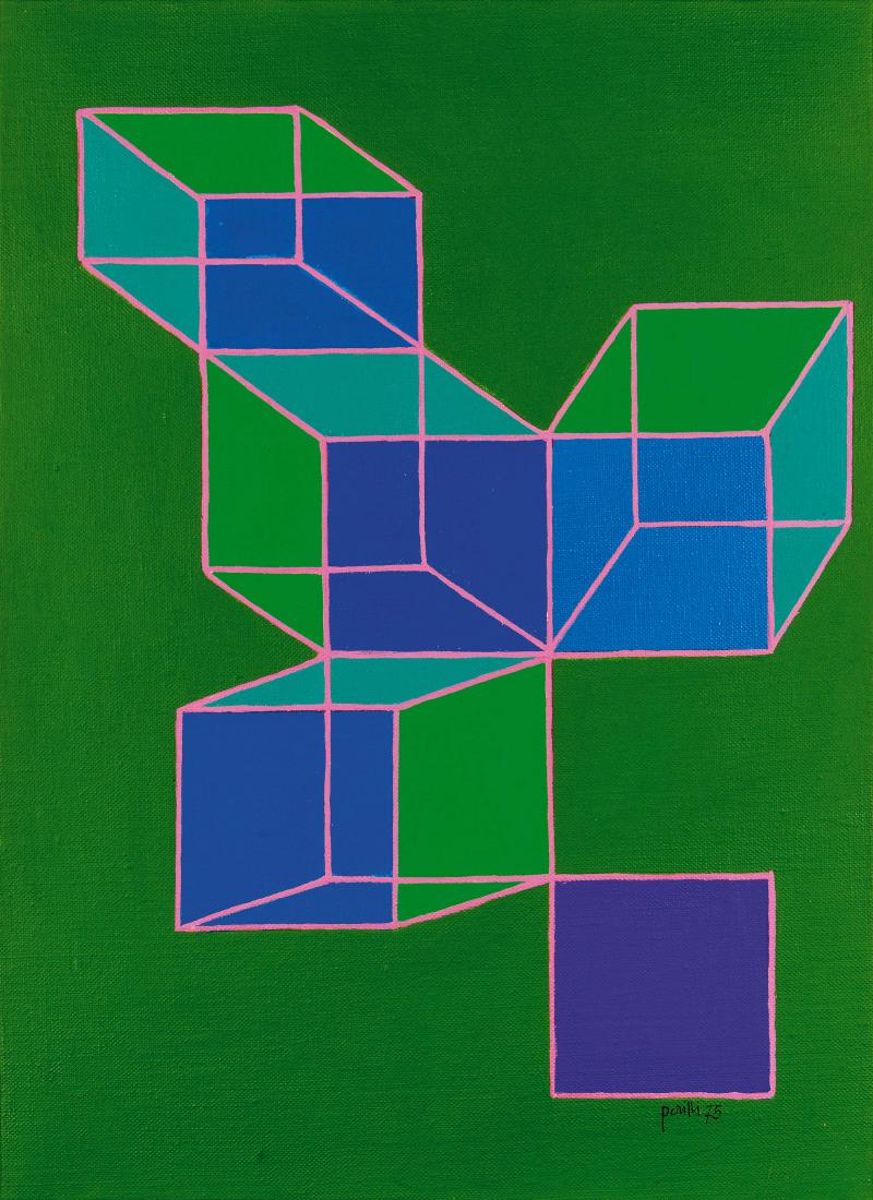 ACHILLE PERILLI: Roma 1927 Il Messinangolo, 1975 Tecnica mista su tela, cm 55 x 40 Firmato e datato in basso a destra- firmato, datato e titolato sul retro Autentica su fotografia dell'artista, Archivio Perilli nÂ°2