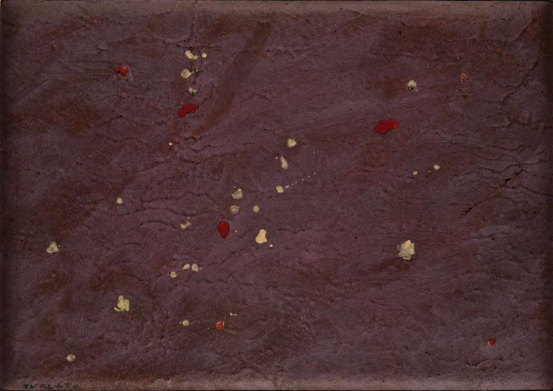 GIULIO TURCATO: Mantova 1912 - Roma 1995 Superficie lunare, 1969 circa Tecnica mista su gommapiuma riportata su tavola, cm 48 x 68 Firmato in basso a sinistra Opera archiviata e registrata presso l'Archivio Giulio Tu