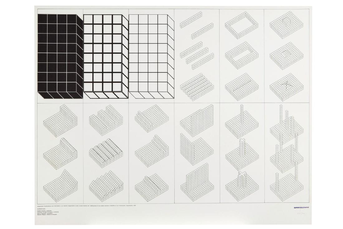 SUPERSTUDIO GROUP: 1966 - 1986 Istogrammi d'architettura, 1969 Serigrafia su carta, cm 68,5 x 86,5 Timbrato, firmato e numerato in basso a destra Esemplare 492/500