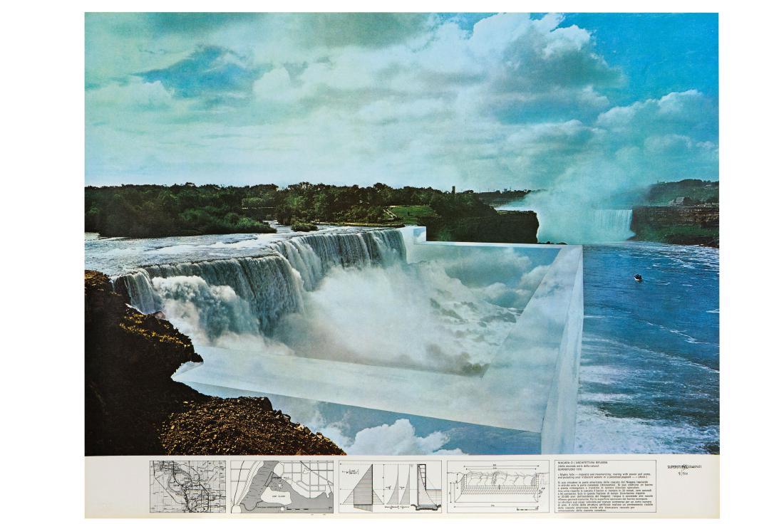 SUPERSTUDIO GROUP: 1966 - 1986 Niagara o l'architettura riflessa, 1970 Offset, cm 68,5 x 86,5 Timbrato, firmato e numerato in basso a destra Esemplare 91/500