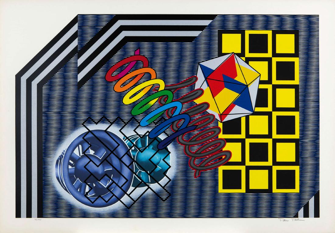 PETER PHILLIPS: Birmingham 1939 Senza titolo Serigrafia su carta, cm 70 x 100 Firmato in basso a destra e numerato in basso a sinistra Edizioni Plura Esemplare 70/100