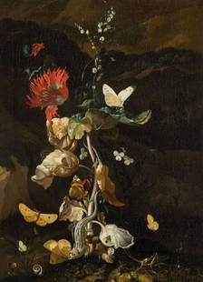 PITTORE OLANDESE DEL XVII SECOLO: Natura morta con fiori e insetti Firmato e datato in basso a destra: Rachel Ruysch, 1663 Olio su tela, cm 55X49 Provenienza: Lempertz, Colonia, 14 maggio 2015, lotto 1079 (come maestro olandese del XV