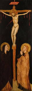 CENNI DI FRANCESCO DI SER CENNI: (Firenze, notizie 1369 - 1415 circa) o GIOVANNI DEL BIONDO (Firenze, notizie tra il 1356 e il 1392) Crocifissione con la Vergine e San Giovanni Dolenti Tempera su tavola, cm 68,5X25 Bibliografia: M. L