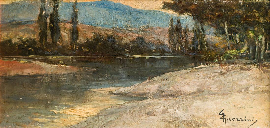 GIOVANNI GUERRINI: Faenza (Ravenna) 1887 - Roma 1972 Paesaggio lacustre Firmato 'G Guerrini' in basso a destra Olio su tavola, cm 10X22