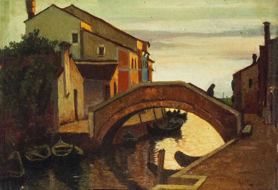 ALBERTO MASO GILLI: Chieri (To) 1840 - Calvi dell'Umbria (Tr) 1894 Ponte a Burano Firmato 'Gilli' in basso a destra Olio su tavola, cm 9X13 Quest'opera di Gilli riprende un opera di Angelo Morbelli, intitolata 'La prima