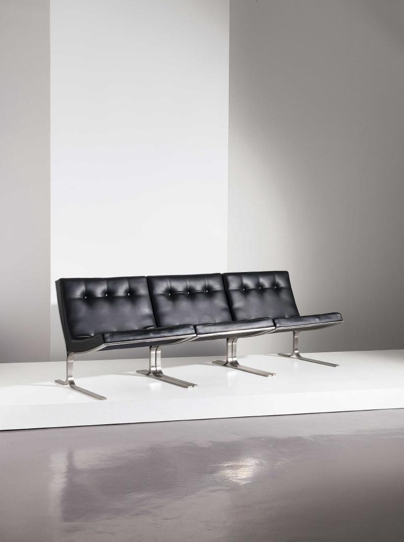 NICOS ZOGRAPHOS - THREE MODULAR ARMCHAIRS BY N.: Tre poltrone componibili mod. CH28, Formanova 1959. Acciaio cromato, vinilpelle imbottita cm 72x216x72